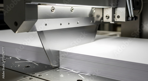 An industrial guillotine paper cutter machine slicing through a large stack of clean white paper in a print shop