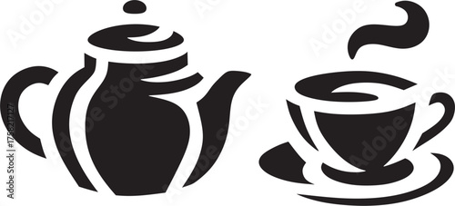 Teapot and teacup stencil, black and white drawing