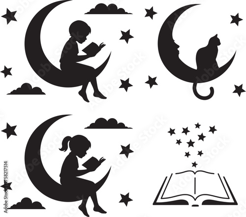 Silhouettes of a boy and a girl with a book, cats sitting on the moon surrounded by stars.