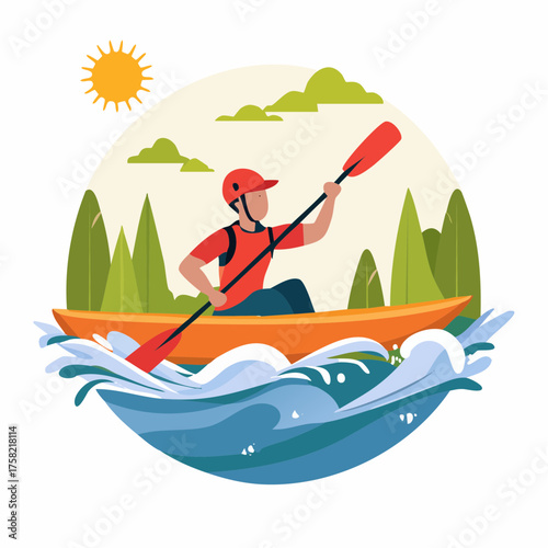 Man kayaking on a river, enjoying an outdoor water sport adventure in a natural landscape with trees and sun.