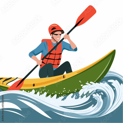 A person in a kayak wearing a life vest and helmet paddles through choppy water.