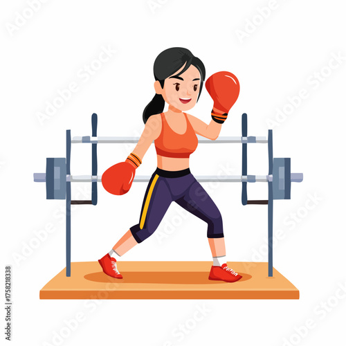 An athletic cartoon woman in boxing gloves and workout gear training in a gym setting with a barbell.