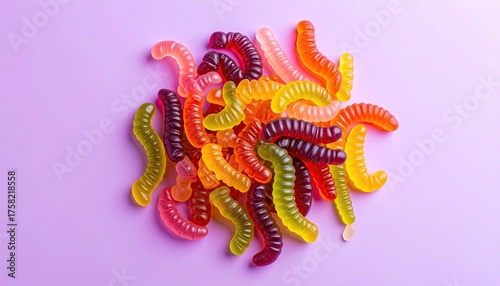 Colorful pile of gummy worms against pink backdrop