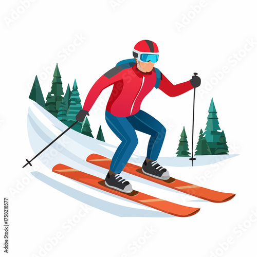 A person in a red jacket and helmet skiing down a snowy mountain slope with pine trees.