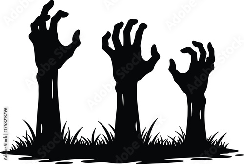Three Zombie Hands Silhouette Emerging from Ground, Halloween Horror Vector for Graveyard Scene, Spooky Undead Resurrection Clipart Design Illustration