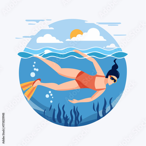 Vector illustration of a woman in a red swimsuit and flippers free diving in the ocean on a sunny day.