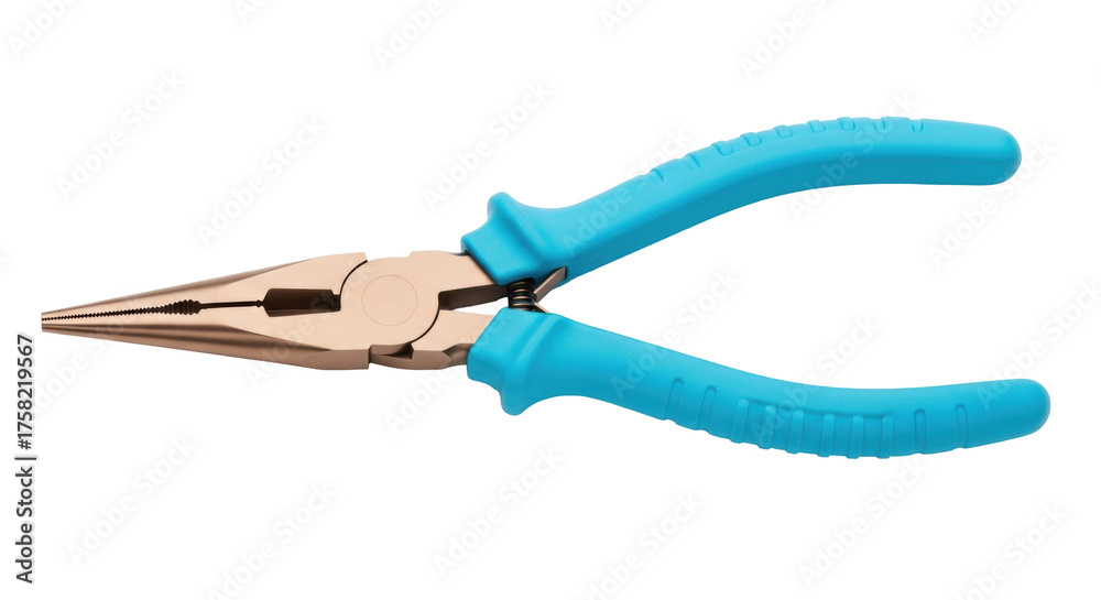 Fototapeta premium Isolated needle-nose pliers with blue handles lie on their side for precise electrical work