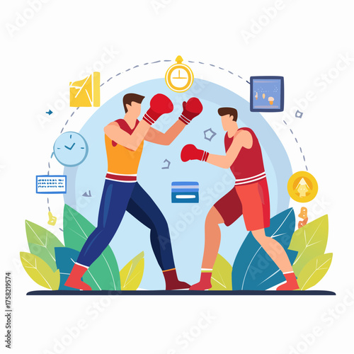 Two boxers in red and yellow outfits sparring in a ring with various sports-related icons in the background.