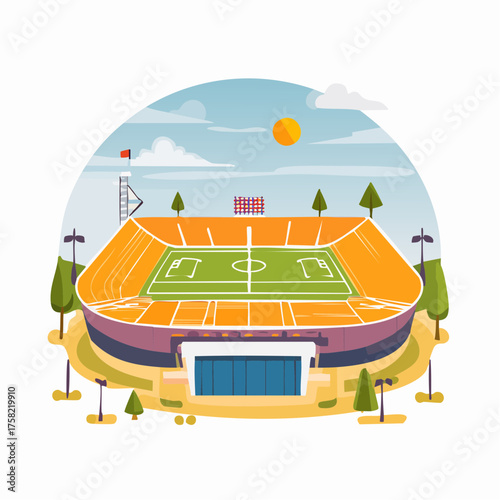 Flat vector illustration of a modern outdoor sports stadium with a green field, orange seating, and surrounding trees under a sunny sky.