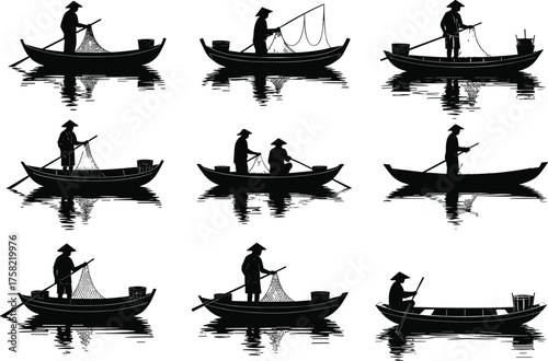 Traditional Asian fishermen silhouettes in boats casting nets and fishing rods on calm water, rural lifestyle vector illustration for stock content