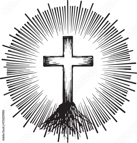 An illustration of a classic cross, radiating rays, symbolizing faith, devotion and religious symbolism.