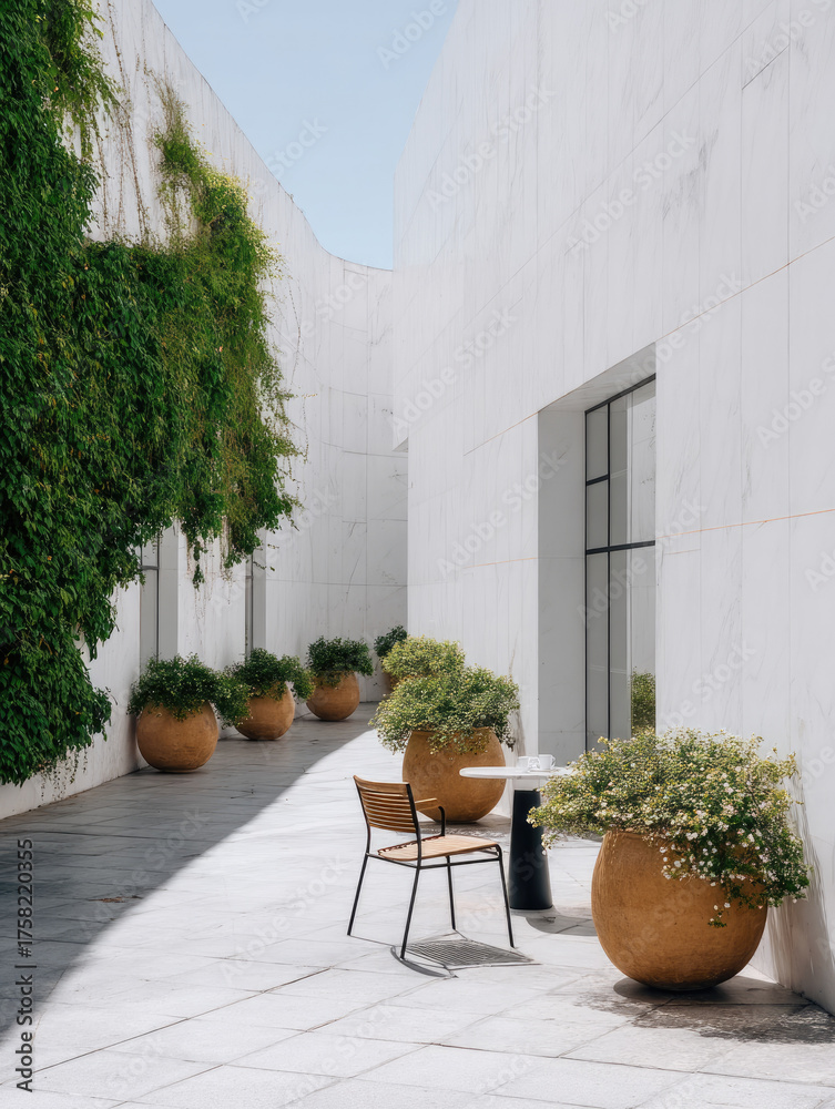 Naklejka premium Modern outdoor courtyard corner with white marble wall, large terracotta planters, green ivy, and single wooden chair under sunlight