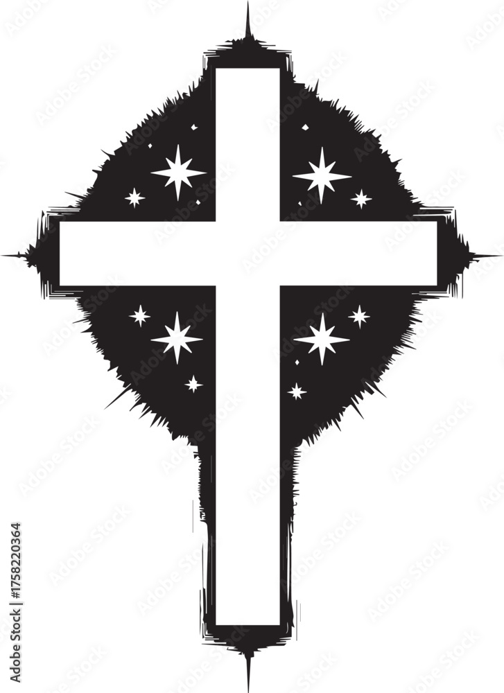 Fototapeta premium A symbolic Christian cross shines brightly against a star-studded backdrop, conveying hope and faith. 