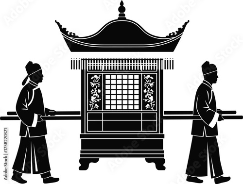 Traditional Asian palanquin carried by two men in historical attire with ornate roof, floral patterns, cultural heritage, vintage transportation scene