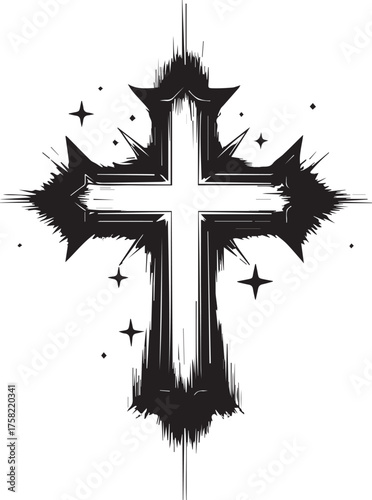 An artistic monochrome illustration of a prominent Christian cross with star decoration. A striking contrast. 