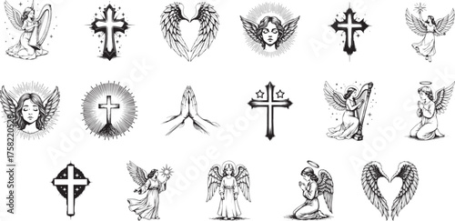 A collection of finely crafted Christian religious symbols, including crosses and angelic figures in various poses, meticulously designed to convey faith and spiritual themes.
