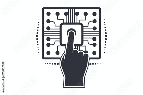 Finger is displayed touching the fingerprint scanner over the chip, with dotted lines on both sides