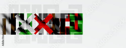 Abstract geometric shapes form text. Colors include red, green, gray, black. Background is white with faint grid pattern.