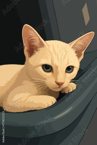 A close-up illustration of a light cream-colored kitten with large, expressive blue-green eyes. The kitten is resting calmly on a dark smooth surface, gazing curiously ahead. Its soft fur and delicate