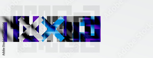 Abstract geometric design. Dark blues, purples create fragmented text effect. Minimalist style, modern aesthetic.