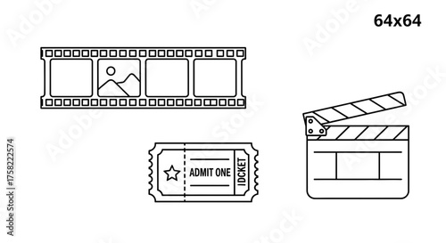 Set of movie icons including film strip ticket and clapperboard.