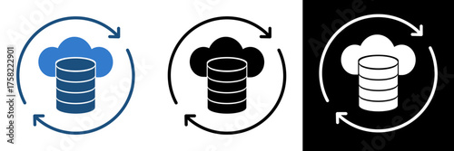 Flat vector icon showing a cloud with database and arrows around it, symbolizing cloud data synchronization, and digital backup systems. Perfect for Cloud Storage, Data Management, etc.