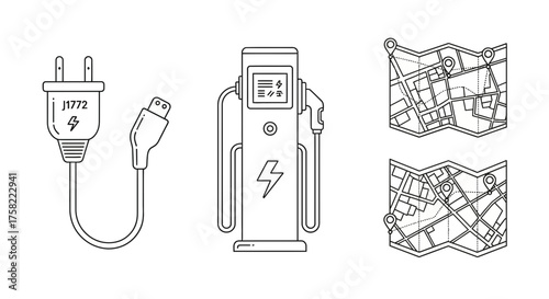 Hand drawn electric vehicle charging station plug and navigation maps.