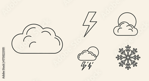 Weather icons depicting clouds lightning sun and snowflake symbols for forecasts.