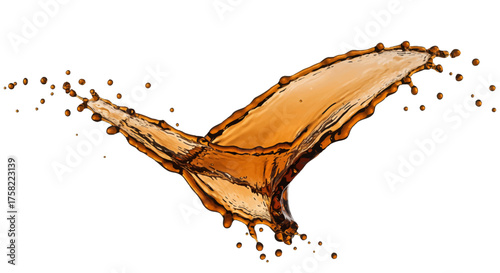 A splash of brown liquid possibly cola with droplets scattered around against a white background