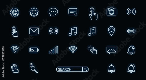 Set of minimalist line icons representing various functions and settings.