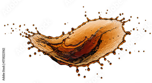 Brown liquid possibly cola in midair splash with visible droplets and detailed texture