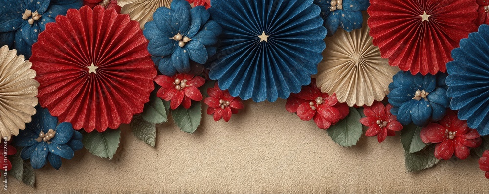 Fototapeta premium Patriotic paper art decorations with red, blue, and beige blossoms