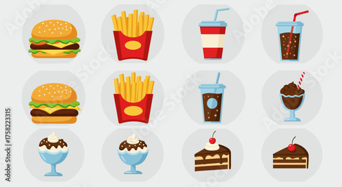 An illustration of fast food items arranged in a grid format including burgers fries drinks sundaes and cake slices