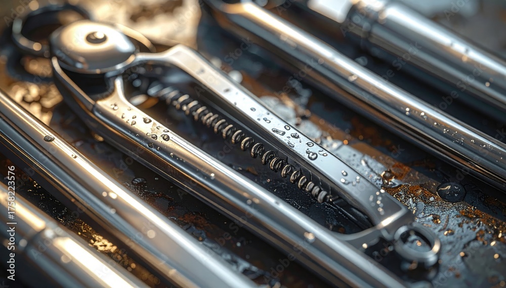 Naklejka premium Close up of a metal nutcracker with water droplets.