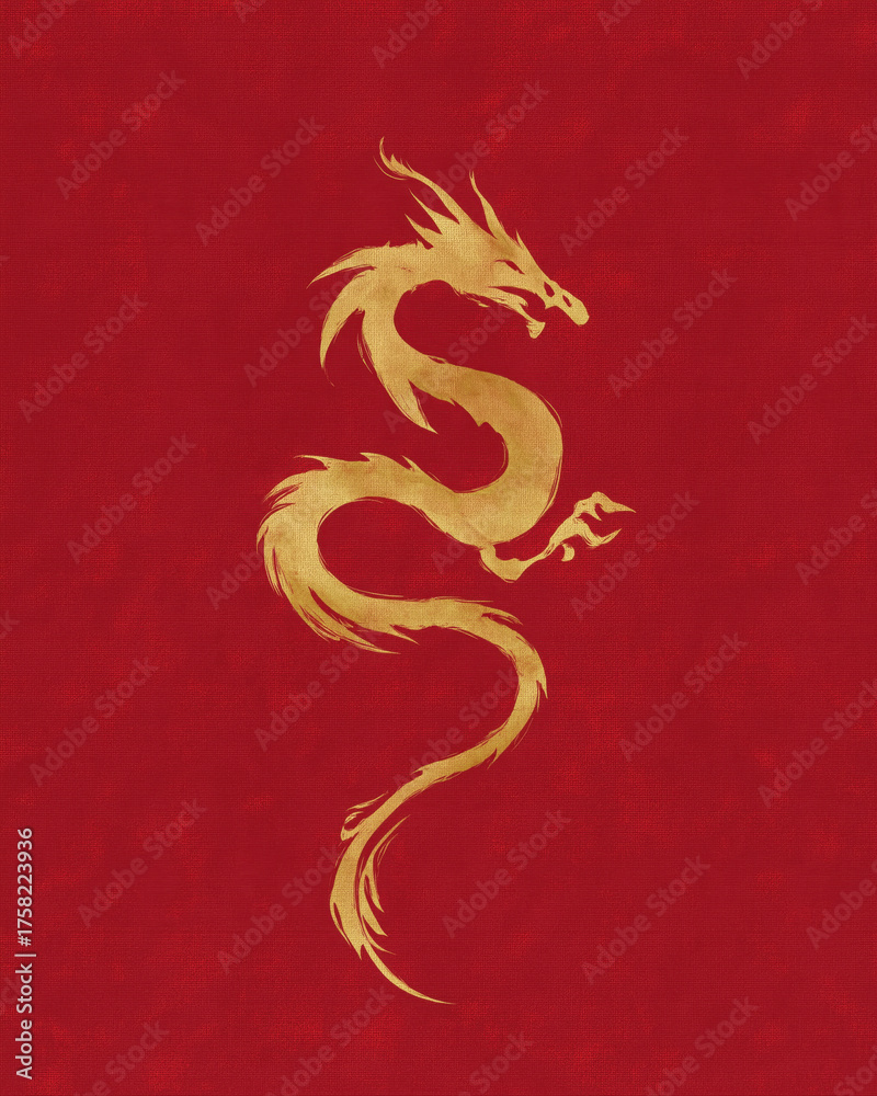 Fototapeta premium Golden dragon silhouette on deep crimson background with flowing tail and subtle glow