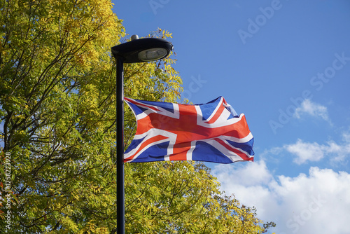 Union Jack flag of Great Britain. UK country flag on lamp post