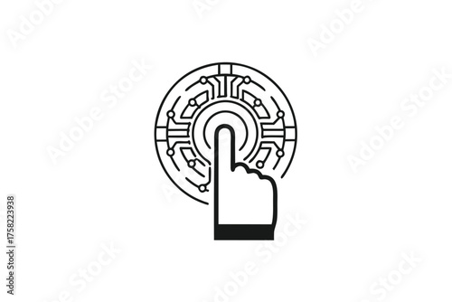 Finger touching a futuristic digital interface with circuit patterns and a clean white background