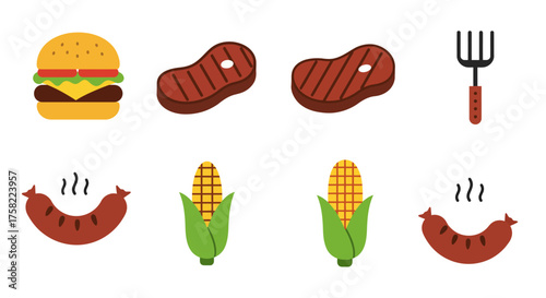 Grill foods include a burger 2 steaks a fork 2 hotdogs and 2 corn on the cobs