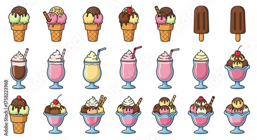 Array of various ice cream and milkshake treats in cones glasses and bowls
