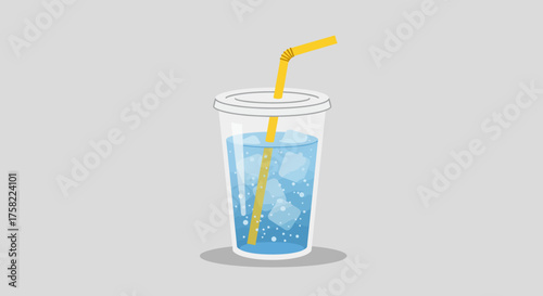 An illustration depicts a plastic cup with ice a blue liquid and a yellow straw