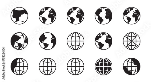 Black and white earth globe icon set graphic representation vector