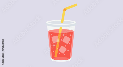 A clear cup filled with a red drink ice cubes and a yellow straw