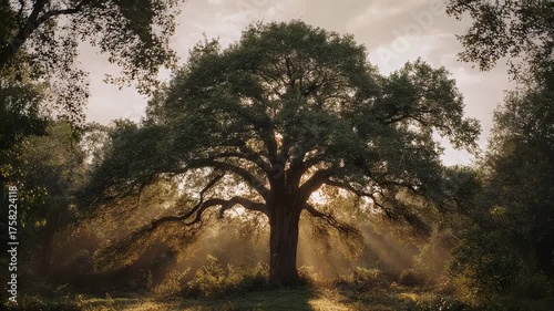 A grand oak tree bathed in sunlight, surrounded by other trees