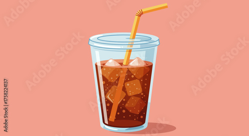 A clear plastic cup filled with a dark drink ice cubes and an orange straw against a peach background