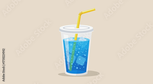 A blue drink in a clear cup with ice a white lid and a yellow straw