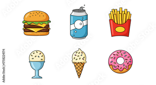 Six cartoon icons depict fast food a burger soda fries ice cream in a cup cone and a pink donut