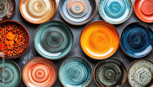 Colorful Ceramic Plates Collection Top View.