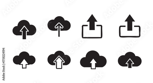 Cloud upload icon set for data transfer and digital storage