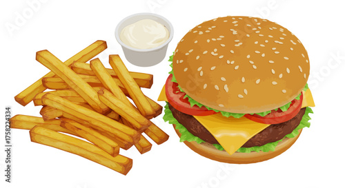 Hamburger meal with fries  dip Burger is topped with tomato cheese and lettuce
