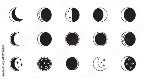 Different phases of the moon represented in six black icons